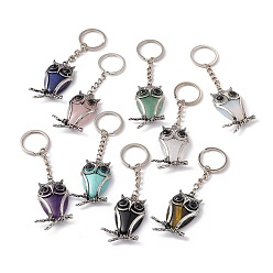 Mixed Stone Owl Natural & Synthetic Gemstone Pendant Keychain, with Alloy & Iron Findings, 10cm