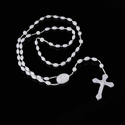 White Luminous Plastic Rosary Bead Necklace, Glow in the Dark Cross Pendant Necklace for Women, White, 21.65 inch(55cm)
