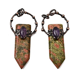 Унакит Большие подвески в форме меча из натурального унакита и аметиста, с медными кольцами, Красная медь, 66~73x30~31x11.5~12 мм, отверстие : 6 мм