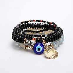 black Bohemian Multi-layer Bracelet Set with Metal Shells and Evil Eye Charm Jewelry
