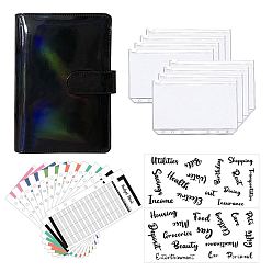 Black Laser Style Budget Binder with Zipper Envelopes, Including Imitation Leather A6 Blank Binders, Colorful Budget Sheet, Zippered Bag, Word Letter Sticke, for Budgeting Financial Planning, Black, 190x130x40mm, 23pcs/set