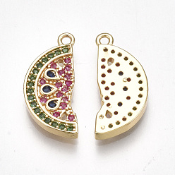 Real 18K Gold Plated Brass Cubic Zirconia Pendants, Watermelon, Colorful, Real 18K Gold Plated, 17x7.5x2mm, Hole: 1.2mm