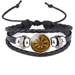 Word Cowhide & Imitation Leather Triple Layer Multi-strand Bracelets, Alloy Glass Rune Words Odin Norse Viking Amulet Adjustable Bracelet, Word, 7-1/8~10-1/4 inch(18~26cm)