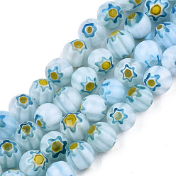 Light Blue Round Millefiori Glass Beads Strands, Light Blue, 6mm, Hole: 1mm, about 67pcs/strand, 14.7 inch
