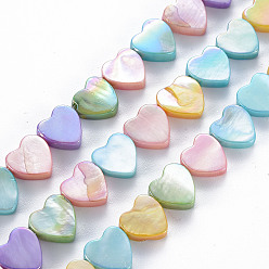 Mixed Color Electroplated Natural Freshwater Shell Beads Strands, Dyed, Heart, Mixed Color, 10x10.5x3mm, Hole: 0.8mm, about 34pcs/strand, 13.78 inch~13.98 inch(35~35.5cm)