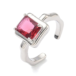 Темно-Розовый Латунная манжета с открытыми кольцами из кубического циркония/стекла, прямоугольные, без кадмия и без свинца, долговечный, стойки покрытие, платина, темно-розовыми, 11.5 мм, размер США 7 1/4 (17.5 мм)