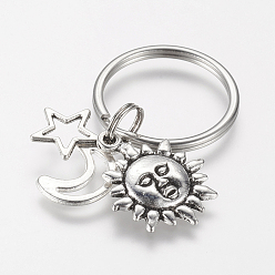 Mixed Color Alloy Keychain, with 316 Surgical Stainless Steel Key Ring, Sun, Star and Moon, Mixed Color, 51mm