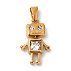 Golden Vacuum Plating 304 Stainless Steel Pendants, with Rhinestone, Long-Lasting Plated, Robot Charm, Golden, 20x12.5x3.5mm, Hole: 5x1.5mm