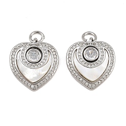 Platinum & Golden Brass Micro Pave Clear Cubic Zirconia Pendants, Heart Charm, with Natural Shell & Brass Jump Ring, Platinum & Golden, 17.5x16x4mm, Hole: 3.5mm