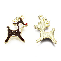 Coconut Brown Golden Plated Alloy Enamel Pendants, Christmas Reindeer/Stag, Coconut Brown, 21x14x2mm, Hole: 1mm
