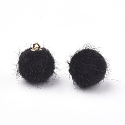 Black Faux Mink Fur Covered Pendants, with Brass Findings, Round, Black, 16.5~17x15~16mm, Hole: 1mm
