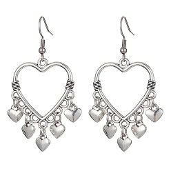Heart Tibetan Style Alloy Heart Woven Net Chandelier Earrings, Long Drop Earrings, Heart, 50x27mm