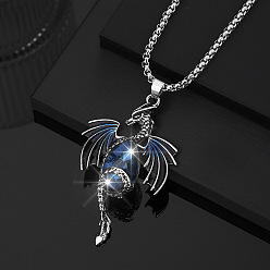 Montana Vintage Alloy Rhinestone Dragon with Teardrop Pendant Necklaces, Antique Silver, Montana, 23.62 inch(60cm)