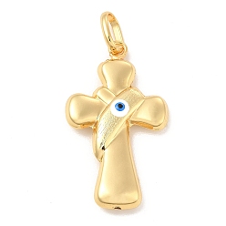 White Brass Pendants, with Enamel, Real 18K Gold Plated, Long-Lasting Plated, Cross with Evil Eye Charm, White, 40x26x7mm, Hole: 10x7mm