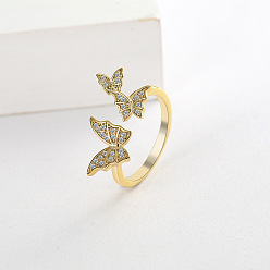 Golden Cubic Zirconia Butterfly Open Cuff Ring, Brass Jewelry for Women, Golden, US Size 8(18.1mm)