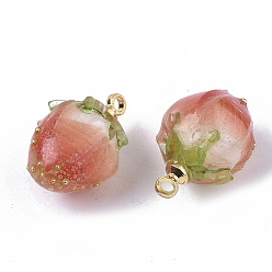 Coral Handmade Flower Epoxy Resin Pendants, with Brass Peg Bails and Glass Micro Beads, Bud, Golden, Coral, 14~15x9~10x9~10mm, Hole: 1.2mm