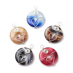 Silver Natural Striped Agate/Banded Agate Pendants, Dyed, with Eco-Friendly Copper Wire Wrapped, Donut/Pi Disc Charm, Mixed Color, Silver, 38.5x31x6.5mm, Hole: 4.5mm
