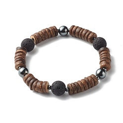 Coconut Brown Natural Coconut Rondelle Beads Stretch Bracelet for Men Women, Oil Diffuser Lava Rock Beads & Non-Magnetic Synthetic Hematite Bracelet, Coconut Brown, Inner Diameter: 2-1/4 inch(5.7cm)