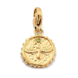 Перидот Плоская круглая подвеска с пчелой 304 из нержавеющей стали со стразами, украшения с застежкой в виде клешни лобстера, ионное покрытие (ip), реальный 14 k позолоченный, перидот, 25.5 мм