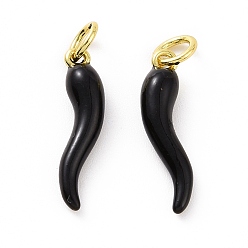 Черный Подвески из латуни с покрытием из эмали, с целью перехода в кольце, долговечный, реальный 18 k позолоченный, без кадмия и без свинца, рог изобилия / итальянский рог корничелло амулеты, чёрные, 18.5x4.5x4 мм, Перейти кольцо: 5x0.8 мм, внутренний диаметр: 3 мм