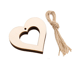 None Pattern Heart Unfinished Wooden Ornaments, with Hemp Cord, Valentine's Day Hanging Decorations, for Party Gift Home Decoration, None Pattern, 53x56x2.5mm