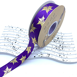 Dark Violet 48 Yards Thanksgiving Day Polyester Satin Ribbons, Gold Stamping Maple Leaf, Dark Violet, 1 inch(25mm), about 48.00 Yards(43.89m)/Roll