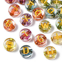 Mixed Color Transparent Electroplate Acrylic Beads, Flat Round with Mixed Letter, Mixed Color, 7x4mm, Hole: 1.5mm, about 3600~3700pcs/500g