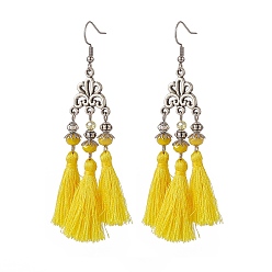 Yellow Polyester Tassel with Glass Beaded Chandelier Earrings, 316 Surgical Stainless Steel Flower Long Drop Earrings for Women, Yellow, 88mm, Pin: 0.6mm