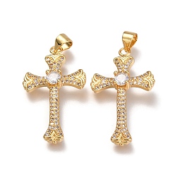 Real 18K Gold Plated Brass Micro Pave  Clear Cubic Zirconia Pendants, Cross, Real 18K Gold Plated, 31x18x4mm, Hole: 3x4mm