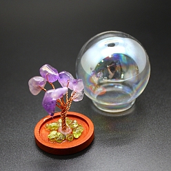 Amethyst Natural Amethyst Chips Tree Decorations, Wood & Glass Round Bell Jar with Copper Wire Feng Shui Energy Stone Gift for Home Office Desktop Decorations, 43x39mm