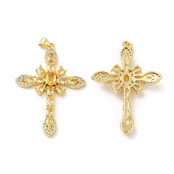Gold Brass Pendants, with Glass & Cubic Zirconia, Lead Free & Cadmium Free, Cross Charms, Real 18K Gold Plated, Gold, 49x34x7mm, Hole: 5.1x3.4mm