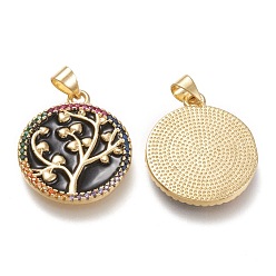 Black Brass Micro Pave Cubic Zirconia Pendants, with Enamel, Real 18K Gold Plated, Flat Round with Tree, Black, 23x20x2mm, Hole: 3x5.5mm