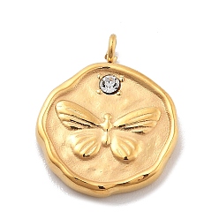 Кристалл 304 из нержавеющей стали горный хрусталь подвески, плоская круглая бабочка, ионное покрытие (ip), реальный 14 k позолоченный, кристалл, 15.5x12.5x2 мм, отверстие : 1.8 мм