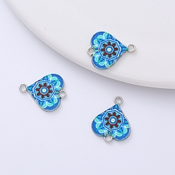 Dodger Blue Valentine's Day Theme Alloy Enamel Connector Charms, Platinum, Heart with Flower Pattern, Dodger Blue, 20x17mm, Hole: 2mm