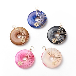 Real 18K Gold Plated Natural Striped Agate/Banded Agate Pendants, Dyed, with Eco-Friendly Copper Wire Wrapped, Donut/Pi Disc Charm, Mixed Color, Real 18K Gold Plated, 36x30x5mm, Hole: 4mm
