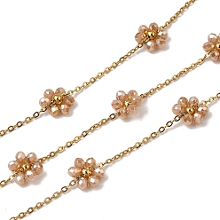 Персиковый Слойка 304 из нержавеющей стали цепи связи цветок, со стеклом, стойки покрытие, долговечный, ионное покрытие (ip), реальный 18 k позолоченный, пайки, с катушкой, розовые, 2x1.5x0.4 mm и 7.5x9.5x3 mm