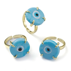 Sky Blue Lampwork Evil Eye Open Cuff Ring, Light Gold Brass Lucky Jewelry for Women, Lead Free & Cadmium Free, Sky Blue, US Size 6 1/4(16.7mm)