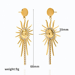 Real 18K Gold Plated 304 Stainless Steel Rhinestone Stud Dangle Earrings, Sun, Real 18K Gold Plated, 68x29mm