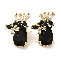 Black Rack Plating Real 18K Gold Plated Brass Butterfly Stud Earrings, with Cubic Zirconia and Rhinestone, Long-Lasting Plated, Lead Free & Cadmium Free, Black, 18.5x13mm