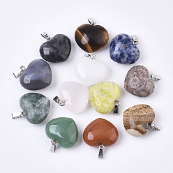 Mixed Stone Natural Mixed Stone Pendants, with Platinum Plated Brass Pinch Bails, Heart, 20x23x10mm, Hole: 3.5mm, 12pcs/box
