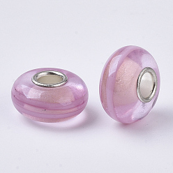 Flamingo Handmade Lampwork European Beads, Large Hole Beads, with Silver Color Plated Brass Single Cores, Rondelle, Flamingo, 14x7.5mm, Hole: 4mm