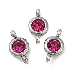 Fuchsia 304 Stainless Steel Single Rhinestone Connector Charms, Flat Round Links, Stainless Steel Color, Fuchsia, 12x6.5x4mm, Hole: 2mm