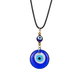 Golden Evil Eye Lampwork Pendant Necklace, with Waxed Polyester Cords, Golden, 17.72 inch(45cm)