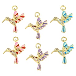 Mixed Color 6Pcs 3 Colors Brass Micro Pave Cubic Zirconia Pendants, with Enamel and Jump Ring, Real 18K Gold Plated, Lead Free & Cadmium Free & Nickel Free, Birds, Mixed Color, 27x24x3mm, Ring: 6x1mm, Inner Diameter: 4mm