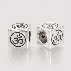 Antique Silver Tibetan Style Alloy European Beads, Large Hole Beads, Cube with Om Symbol, Cadmium Free & Lead Free, Antique Silver, 8x8x8mm, Hole: 4.5mm, about 460pcs/1000g