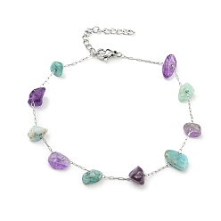 Amethyst Natural Amethyst & Amazonite Chips Beaded Anklet with 304 Stainless Steel Chains for Women, 8-7/8 inch(22.5cm)