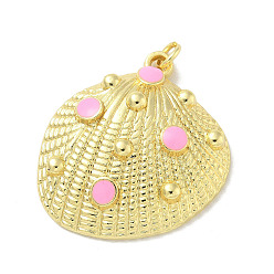 Бледно-Розовый Латунь эмаль подвески, с прыжковых колец, реальный 18 k позолоченный, подвески в форме ракушек, розовый жемчуг, 30x28x7 мм, отверстие : 3 мм