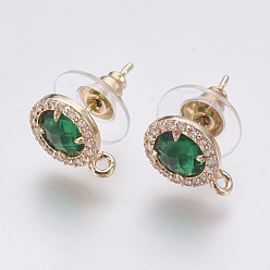 Green Faceted Glass Stud Earring Findings, with Loop, Brass Micro Pave Cubic Zirconia Findings, Flat Round, Light Gold, Green, 12x9x4mm, Hole: 1.2mm, Pin: 0.8mm