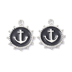 Black Eco-Friendly Stainless Steel Enamel Pendants, Platinum, Long-Lasting Plated, Flat Round with Anchor, Black, 20x16.5x2.2mm, Hole: 1.9mm