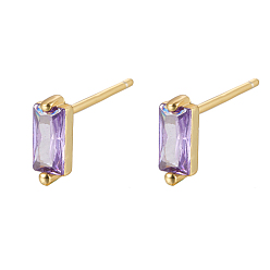 Lilac Cubic Zirconia Rectangle Stud Earrings, Golden 925 Sterling Silver Post Earrings, with 925 Stamp, Lilac, 7.8x3mm